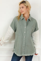 Green Cable Knit Sleeve Raw Hem Shacket Jackets JT's Designer Fashion