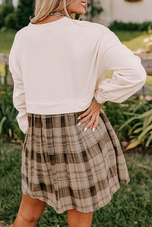 Beige Plaid Patchwork High Waist Sweatshirt Mini Dress Mini Dresses JT's Designer Fashion