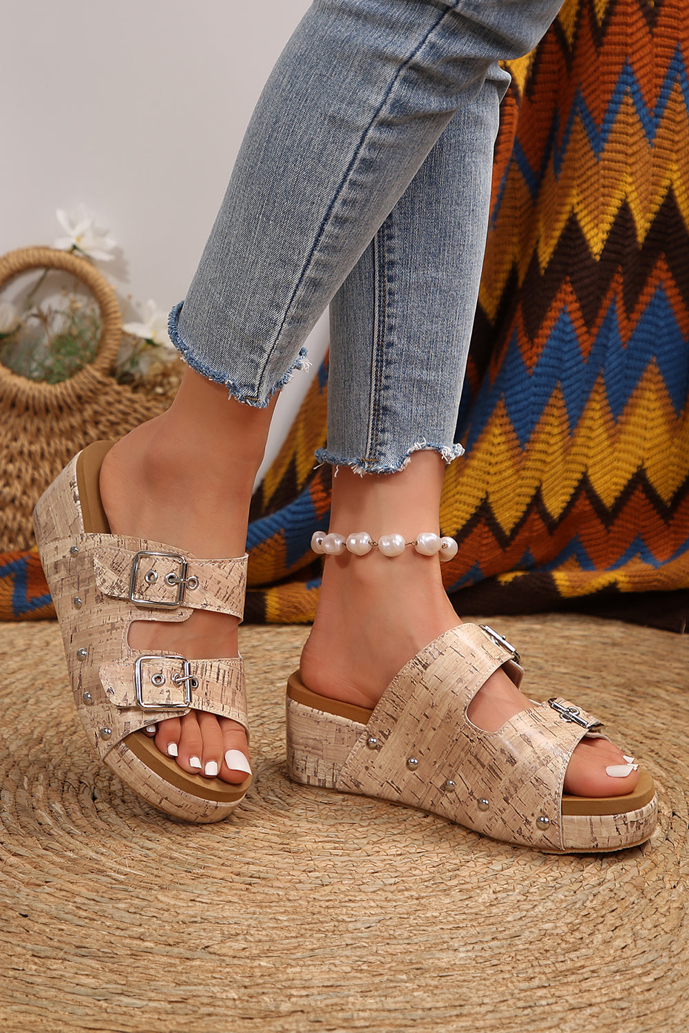 Pale Khaki Retro Buckle Studded Platform Slippers Slippers JT's Designer Fashion