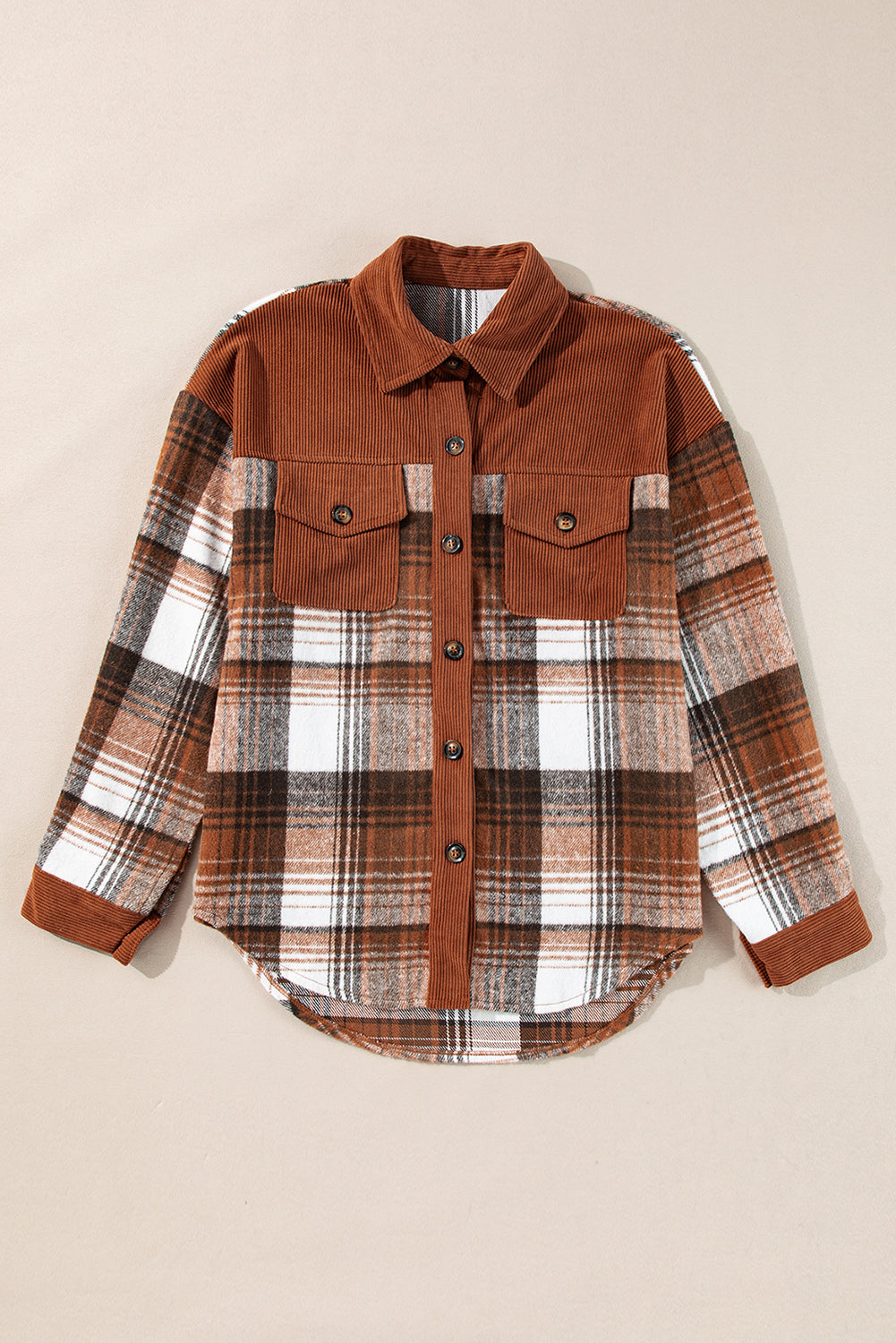 Cinnamon Plaid Corduroy Patchwork Chest Pocket Shacket Plaid Shackets JT's Designer Fashion