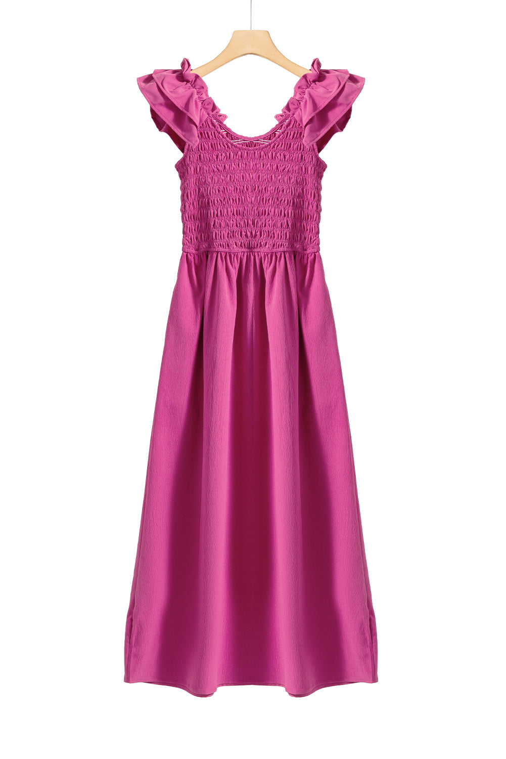 Rose Red Solid Color Ruffled Straps Smocked Ruched Long Dress Maxi Dresses JT's Designer Fashion