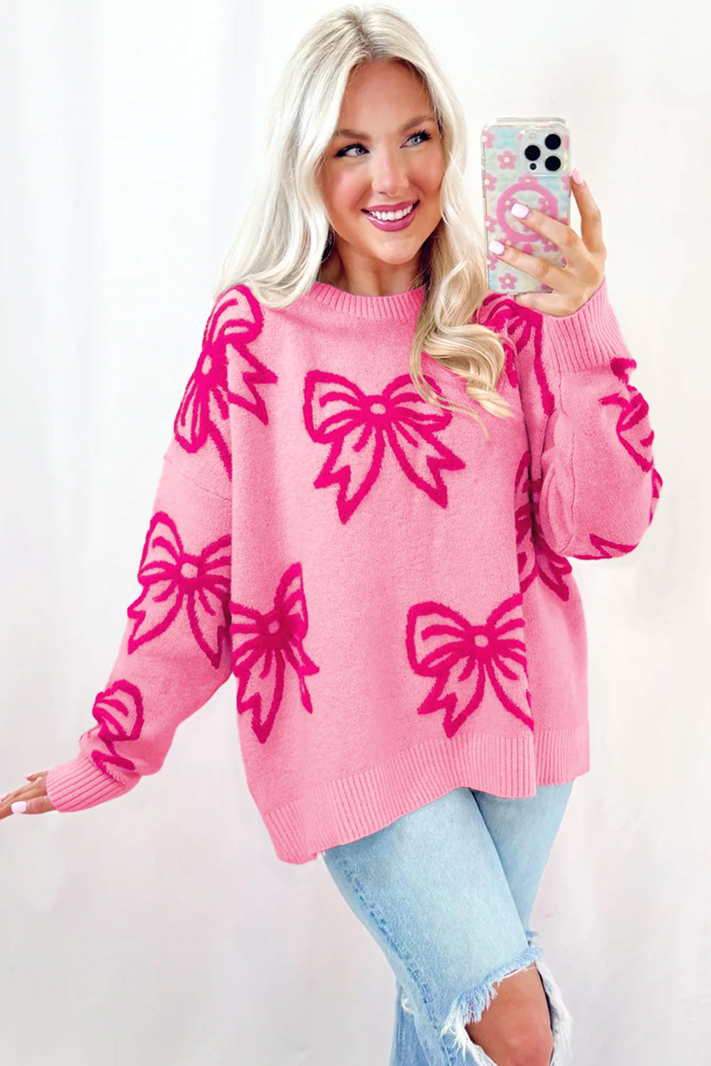 Pink Bow Pattern Drop Shoulder Loose Sweater Sweaters JT's Designer Fashion