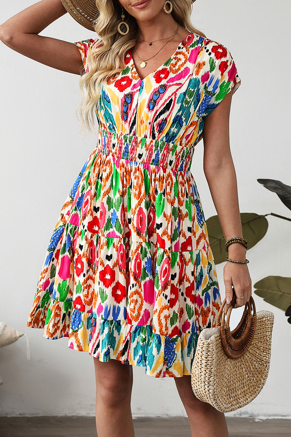 Sky Blue Abstract Print V Neck Dolman Sleeve Ruffle Tiered Mini Dress Dresses JT's Designer Fashion