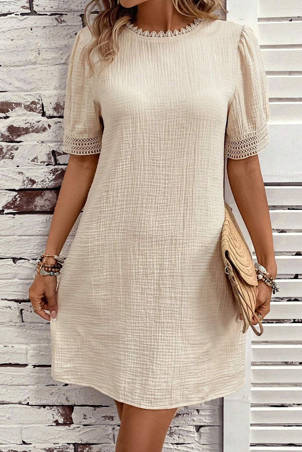 Beige Crinkle Lace Trim Puff Sleeve Shift Mini Dress Dresses JT's Designer Fashion