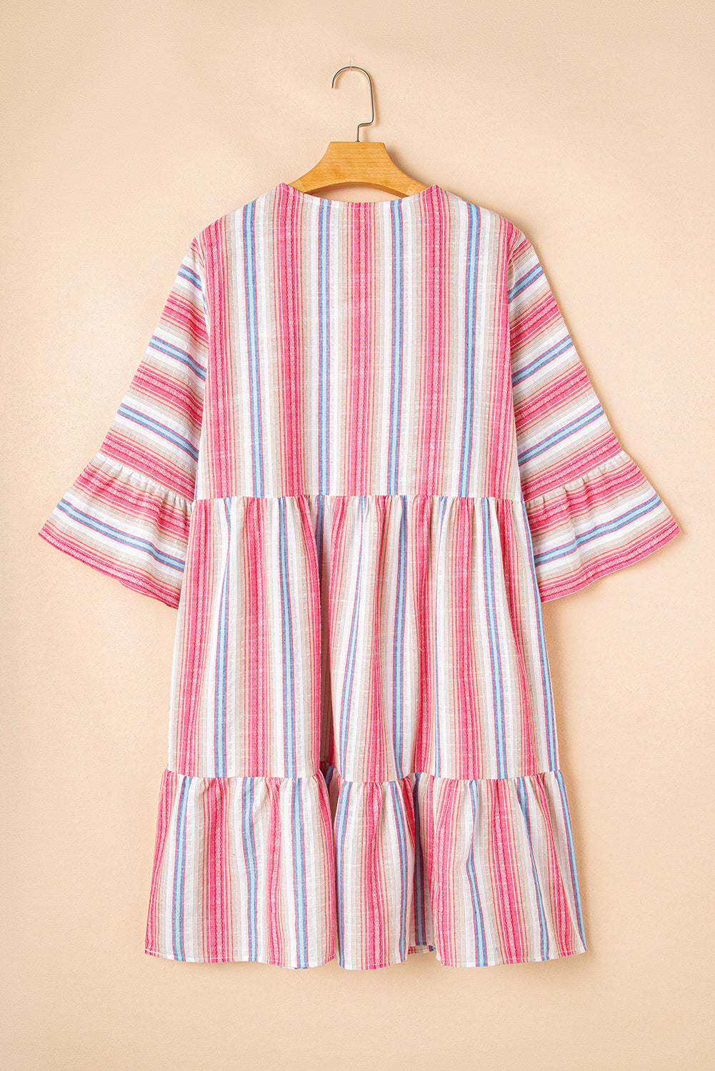 White Stripe Plus Size Embroidered Detail Flared 3/4 Sleeve V Neck Dress Plus Size Mini Dresses JT's Designer Fashion