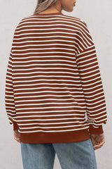 Coffee Striped Long Sleeve Round Neck Loose Top Long Sleeve Tops JT's Designer Fashion