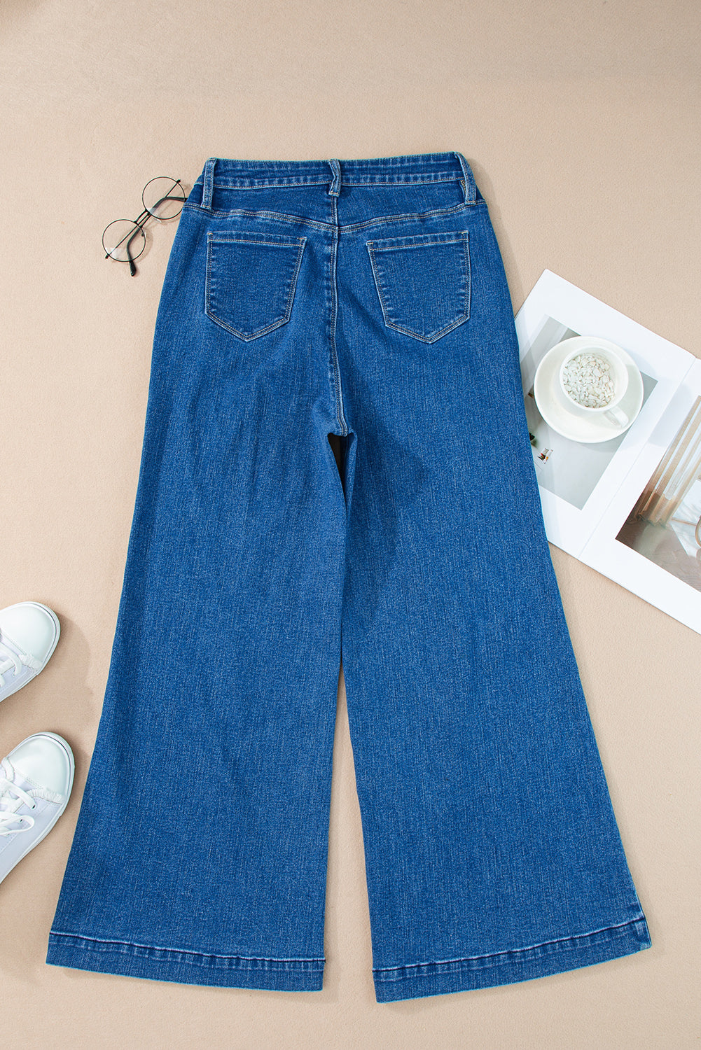 Dark Blue Plain Seam Detail Flared Bottom Ankle Length Jeans Jeans JT's Designer Fashion