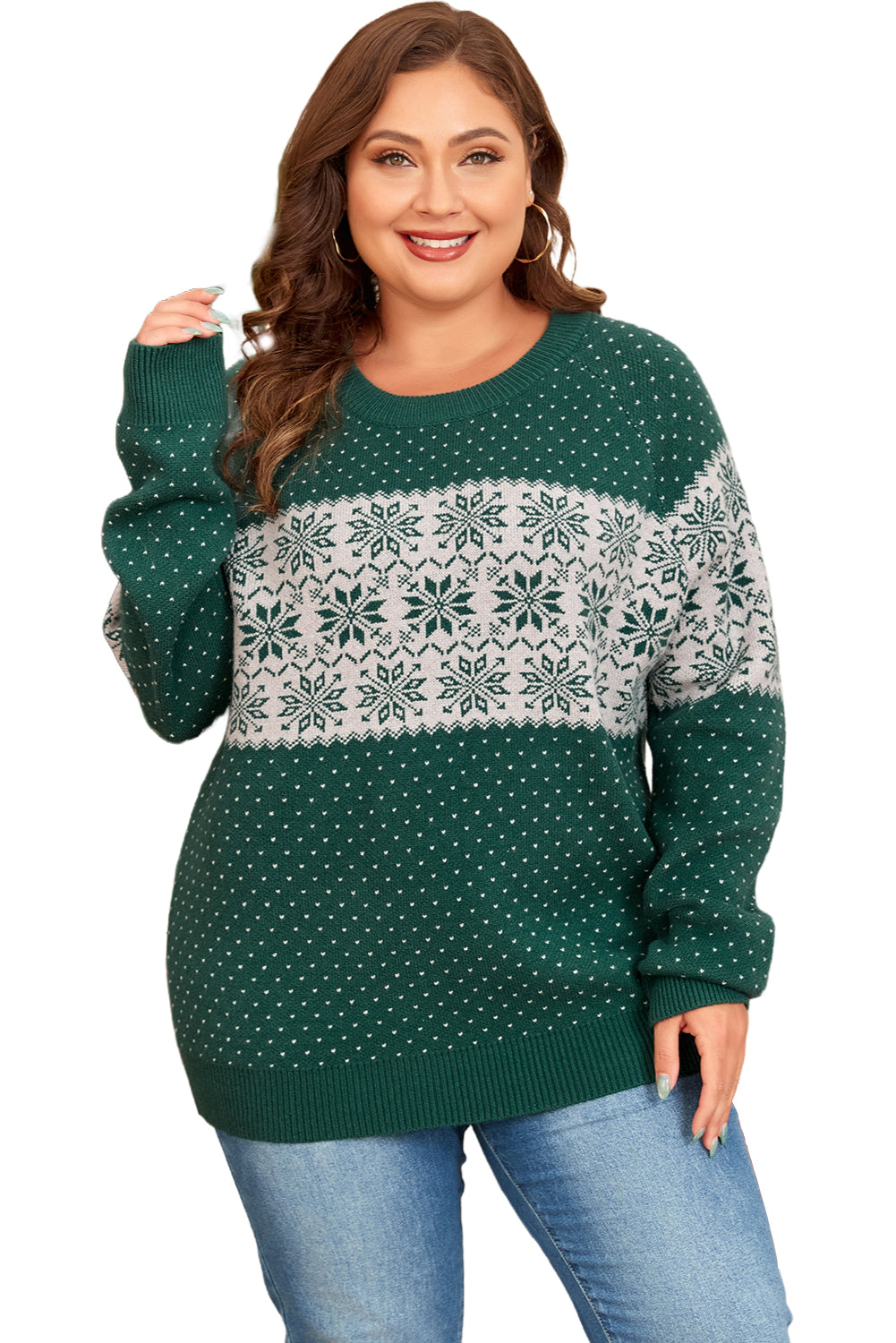Green Christmas Snowflake Pattern Drop Shoulder Plus Size Sweater Plus Size Sweaters & Cardigans JT's Designer Fashion