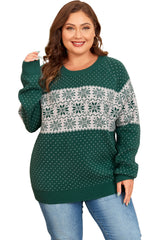 Green Christmas Snowflake Pattern Drop Shoulder Plus Size Sweater Plus Size Sweaters & Cardigans JT's Designer Fashion