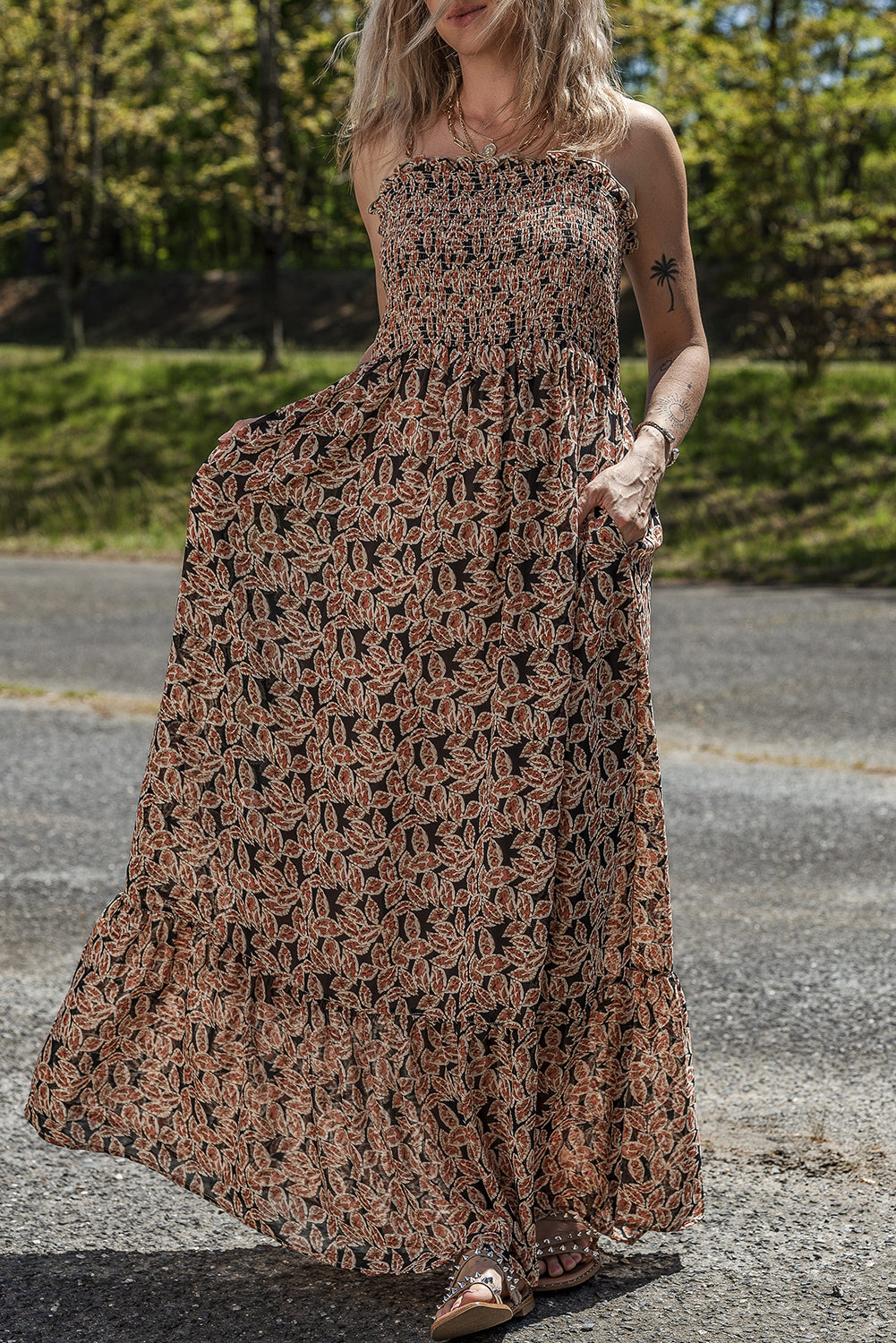 Brown Floral Smocked Bodice High Waist Flowy Sun Dress Floral Dresses JT's Designer Fashion