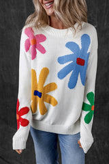 White Colorful Big Flower Pattern Crewneck Sweater Sweaters JT's Designer Fashion