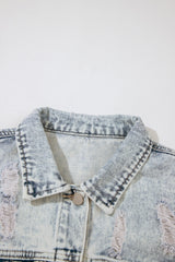 Beau Blue Light Wash Buttoned Chest Pocket Puff Sleeve Denim Jacket Denim Jackets JT's Designer Fashion