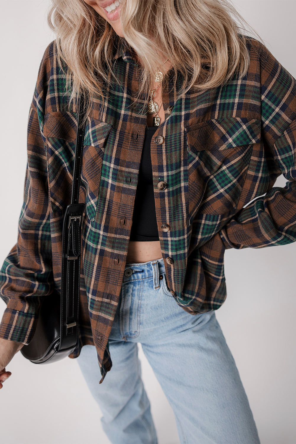 Brown Plaid Print Chest Pockets Buttoned Shirt Jacket Plaid Shackets JT's Designer Fashion