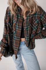 Brown Plaid Print Chest Pockets Buttoned Shirt Jacket Plaid Shackets JT's Designer Fashion