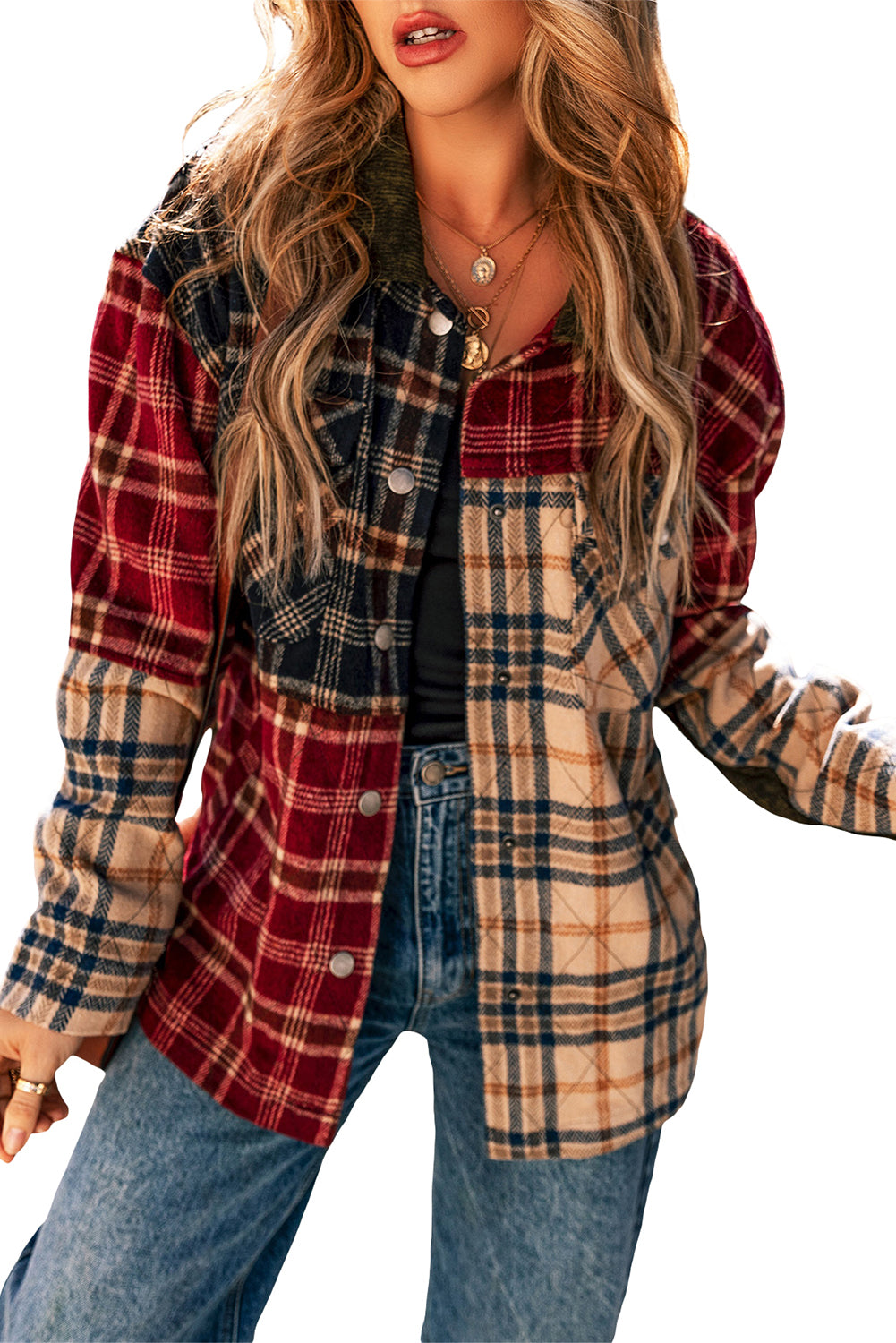 Red Mixed Plaid Patchwork Retro Shacket Plaid Shackets JT's Designer Fashion