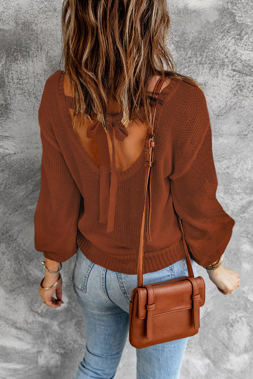 Orange Drop Shoulder Back Cut-out Sweater with Tie Sweaters & Cardigans JT's Designer Fashion