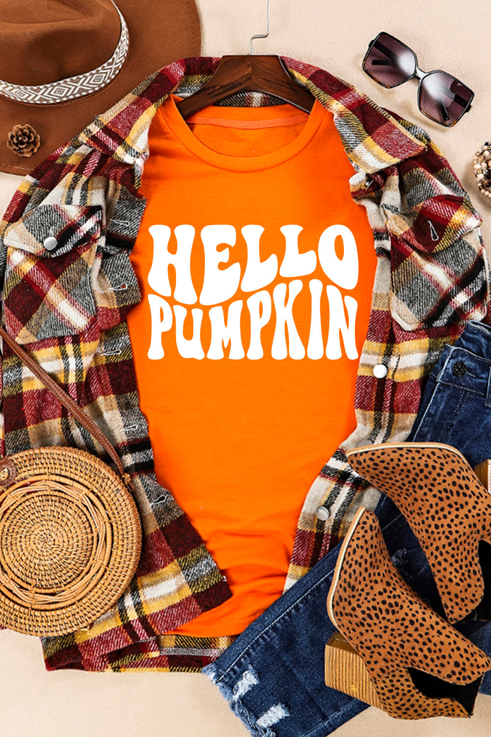 Orange Hello Pumpkin Graphic Tee Orange 95%Polyester+5%Elastane Graphic Tees JT's Designer Fashion