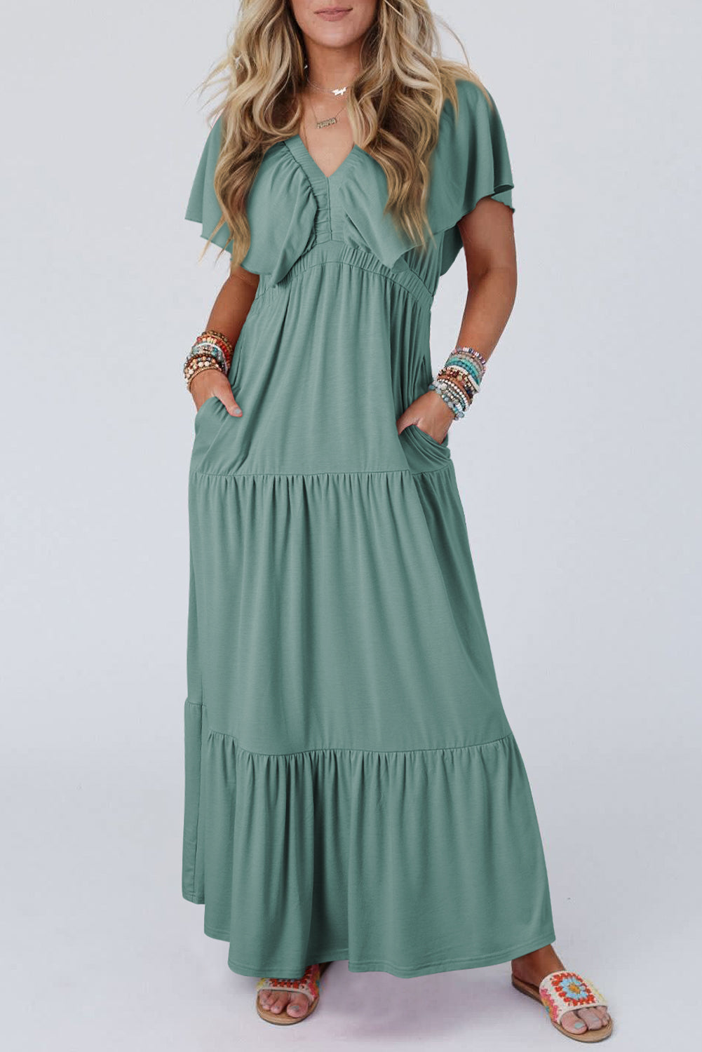Green Textured V Neck Flutter Sleeve Ruffled Long Dress Blackish Green 65%Polyester+30%Viscose+5%Elastane Maxi Dresses JT's Designer Fashion