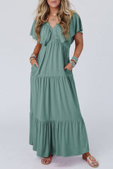 Green Textured V Neck Flutter Sleeve Ruffled Long Dress Blackish Green 65%Polyester+30%Viscose+5%Elastane Maxi Dresses JT's Designer Fashion