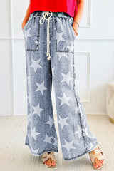 Light Blue Star Print Light Wash Drawstring Elastic Waistband Wide Leg Jeans Jeans JT's Designer Fashion