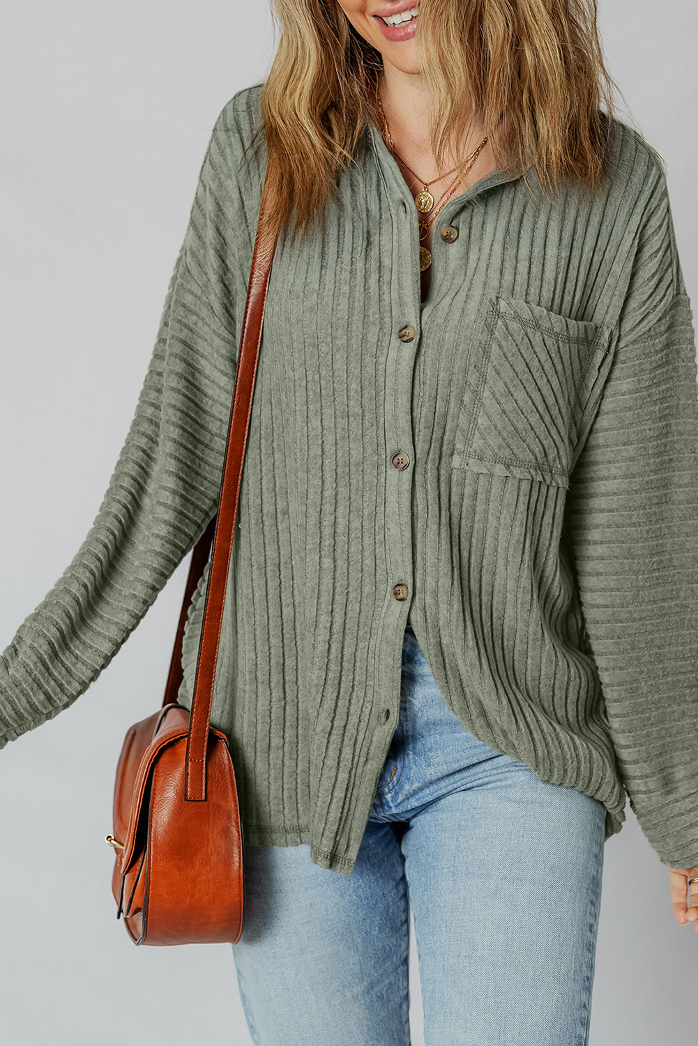 Mist Green Thermal Ribbed Texture Drop Shoulder Button Up Shacket Jackets JT's Designer Fashion