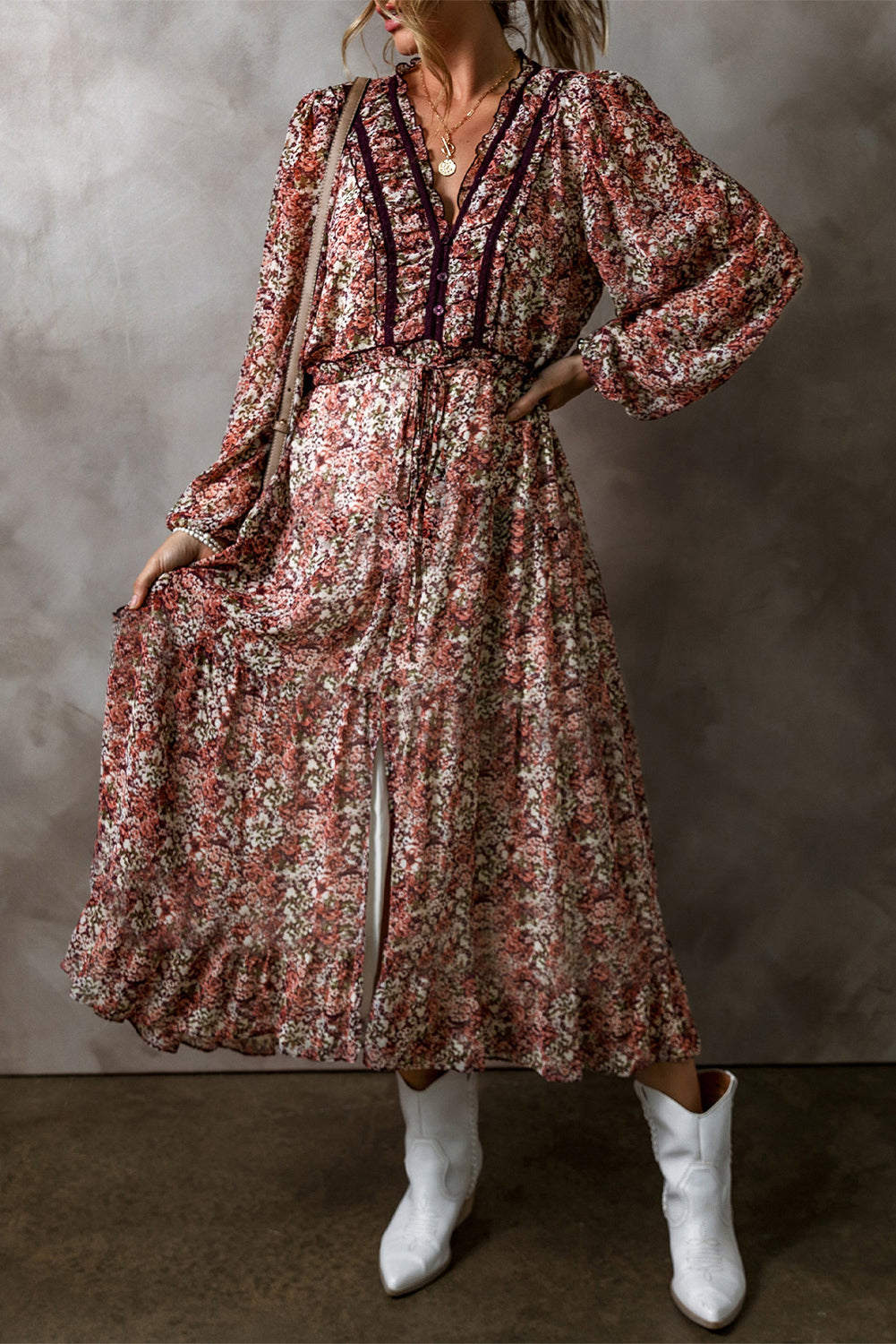 Brown Floral Print Split Front Tiered Frilled V Neck Midi Dress Floral Dresses JT's Designer Fashion