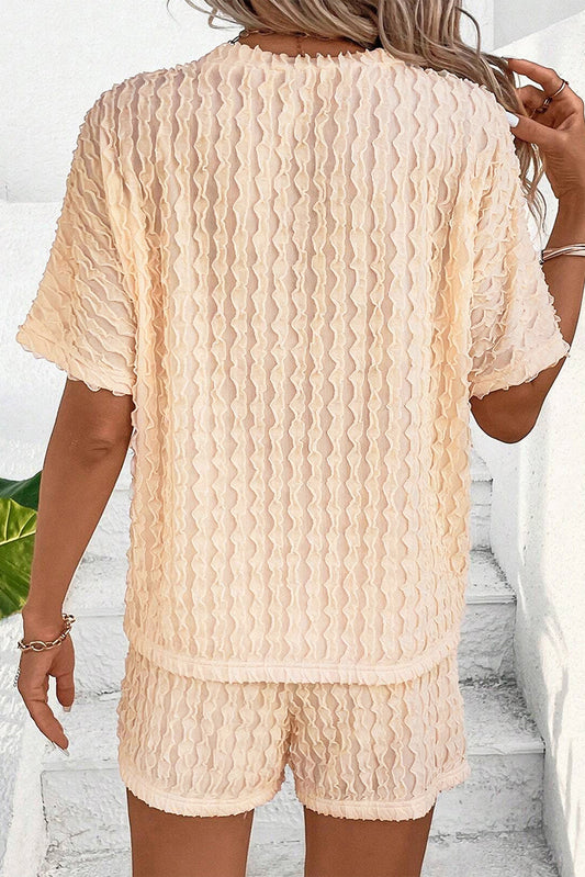 Beige Frill Textured Short Sleeve Top and Drawstring Shorts Set Short Sets JT's Designer Fashion
