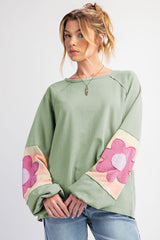 Smoke Green Flower Patchwork Raglan Sleeve Exposed Seam Oversized Top Long Sleeve Tops JT's Designer Fashion