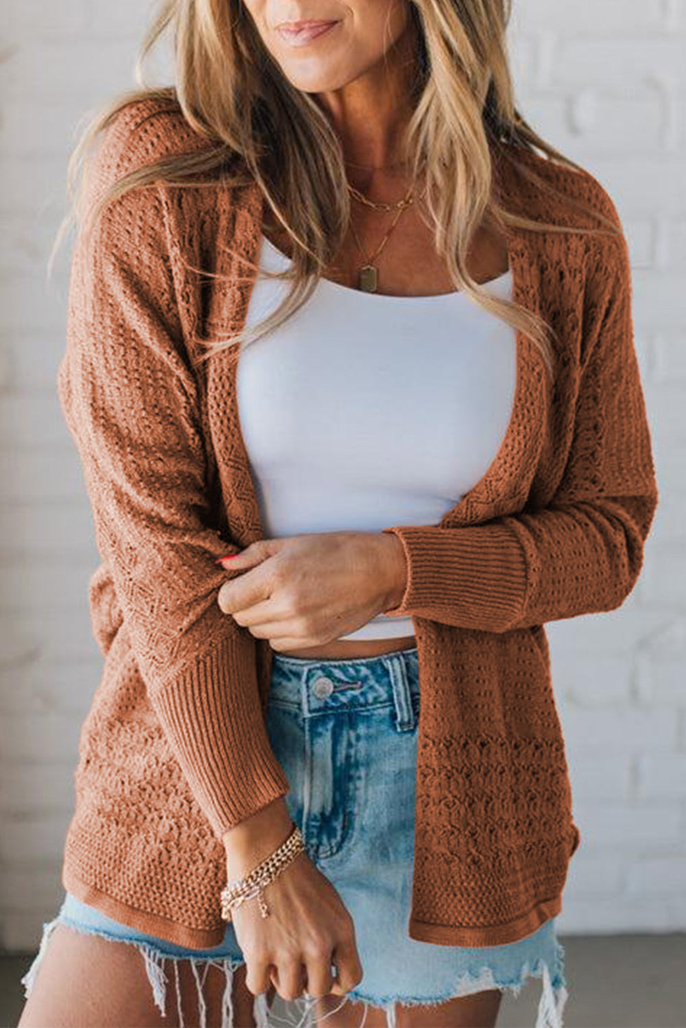 Redwood Burl Mix Pattern Hollowed Knit Open Front Cardigan Redwood Burl 55%Acrylic+45%Cotton Cardigans JT's Designer Fashion