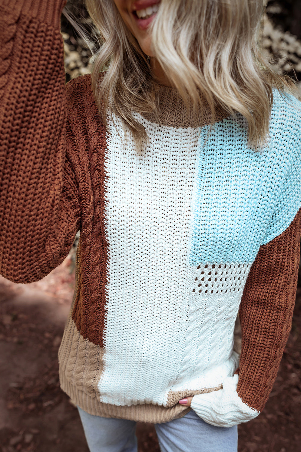 Khaki Mix Textured Knit Colorblock Patchwork Sweater Sweaters JT's Designer Fashion