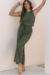 Vineyard Green Buttoned Drawstring Waist Sleeveless Wide Leg Jumpsuit Jumpsuits & Rompers JT's Designer Fashion