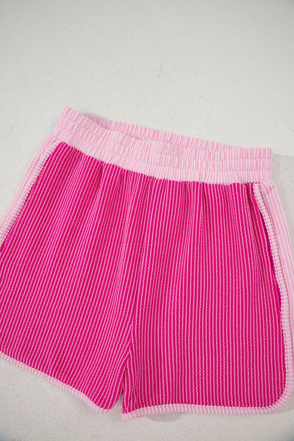Rose Red 3D Spiral Ribbed Texture 2 Tones Patchwork Short Set Short Sets JT's Designer Fashion