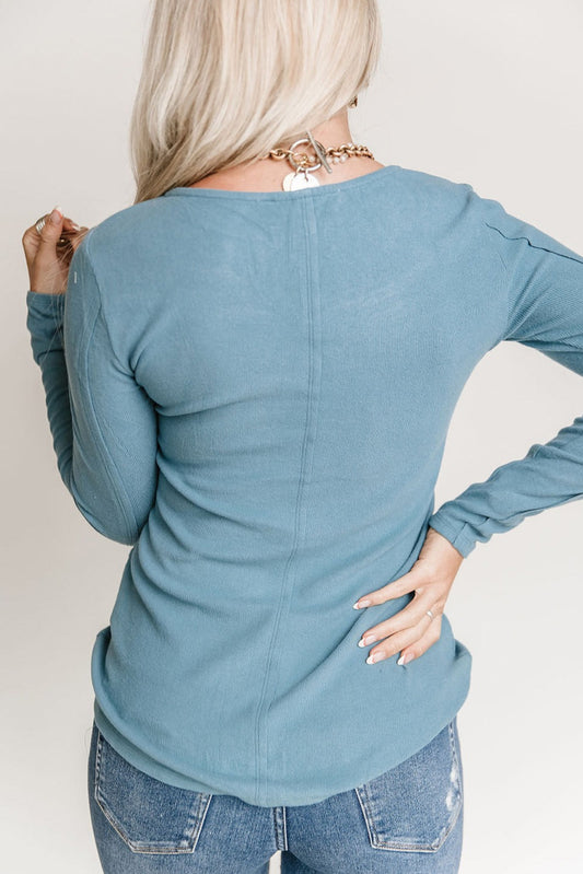 Sky Blue Lace Crochet V Neck Long Sleeve Top Long Sleeve Tops JT's Designer Fashion