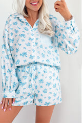 Sky Blue Floral Striped Print Contrast Patched Pocket Shirt and Shorts Set Short Sets JT's Designer Fashion