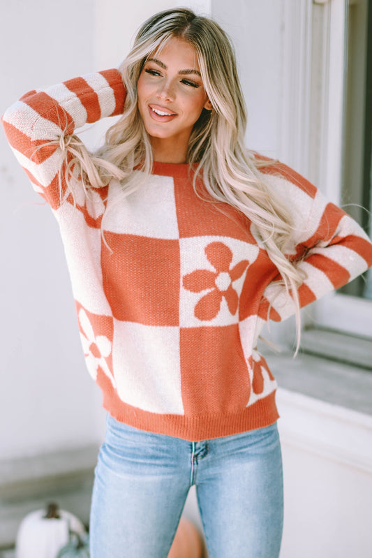Brown Checkered Floral Print Striped Sleeve Sweater Brown 100%Polyester Sweaters JT's Designer Fashion