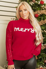 Racing Red Merry Graphic Sequin Sleeve Turtleneck Sweater Sweaters JT's Designer Fashion