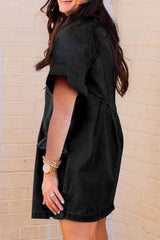 Black Frilled Short Sleeve Button Up Loose Denim Shirt Dress Mini Dresses JT's Designer Fashion