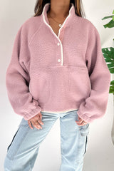 Fushia Stand Neck Half Button Zip Pocket Plush Sweatshirt Sweatshirts & Hoodies JT's Designer Fashion