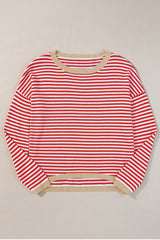 Fiery Red Contrast Trimmed Striped Drop Shoulder Sweater Sweaters JT's Designer Fashion
