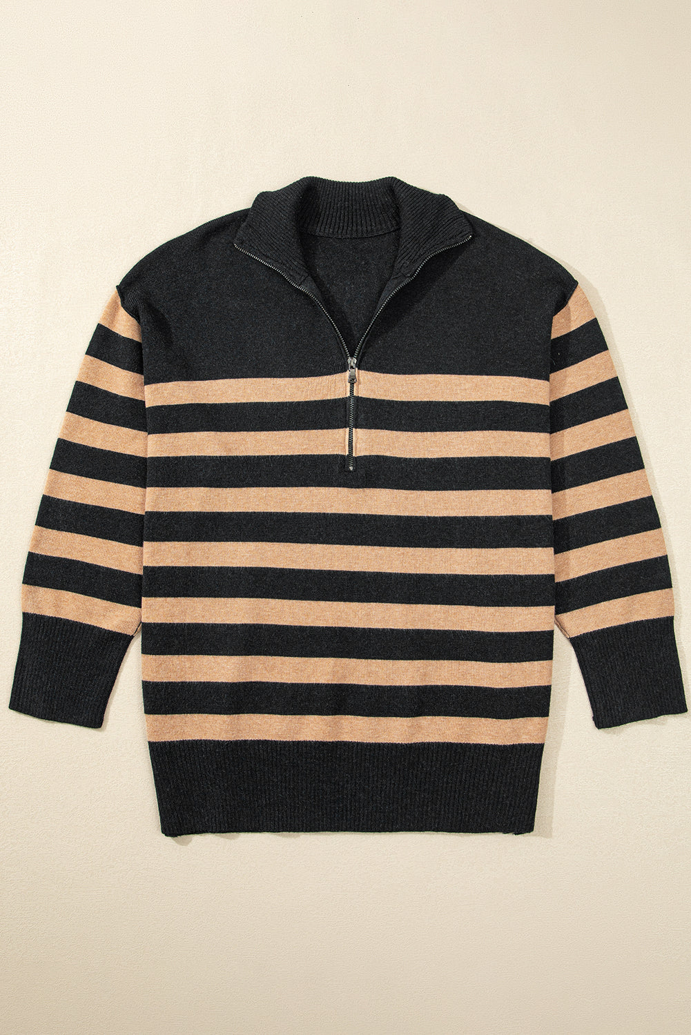 Black Stripe Collared Quarter Zipper Oversized Sweater Sweaters JT's Designer Fashion