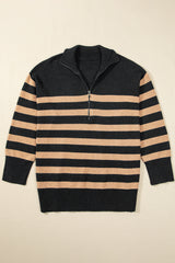 Black Stripe Collared Quarter Zipper Oversized Sweater Sweaters JT's Designer Fashion