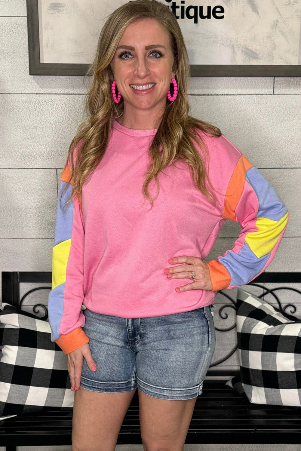 Pink Candy Colorblock French Terry Top Long Sleeve Tops JT's Designer Fashion