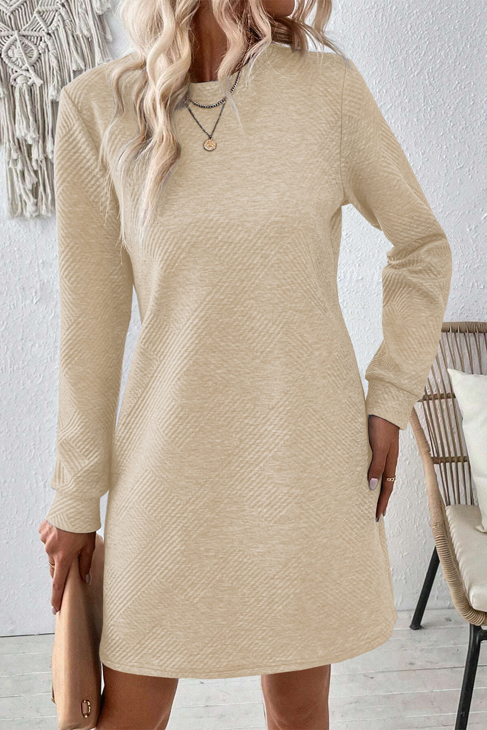 Apricot Solid Color Textured Long Sleeve Shift Dress Mini Dresses JT's Designer Fashion
