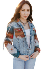 Multicolor Aztec Print Frayed Hem Denim Jacket Denim Jackets JT's Designer Fashion