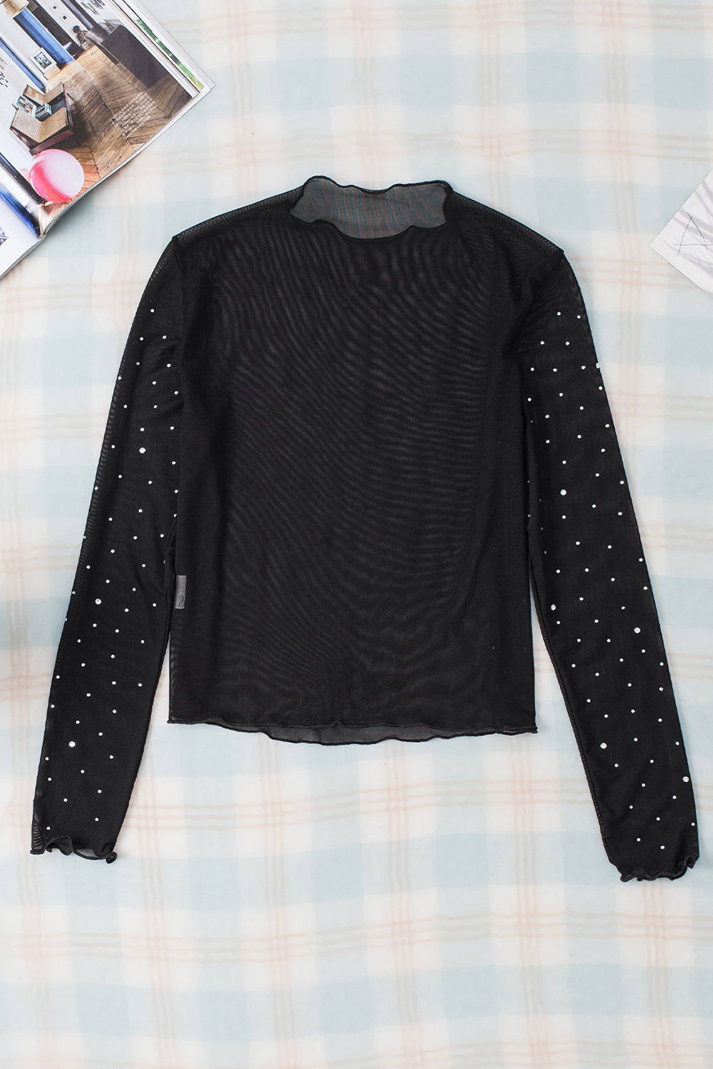 Black Rhinestone Sheer Mesh Slim Fit Long Sleeve Top Long Sleeve Tops JT's Designer Fashion