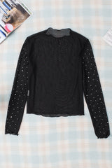 Black Rhinestone Sheer Mesh Slim Fit Long Sleeve Top Long Sleeve Tops JT's Designer Fashion