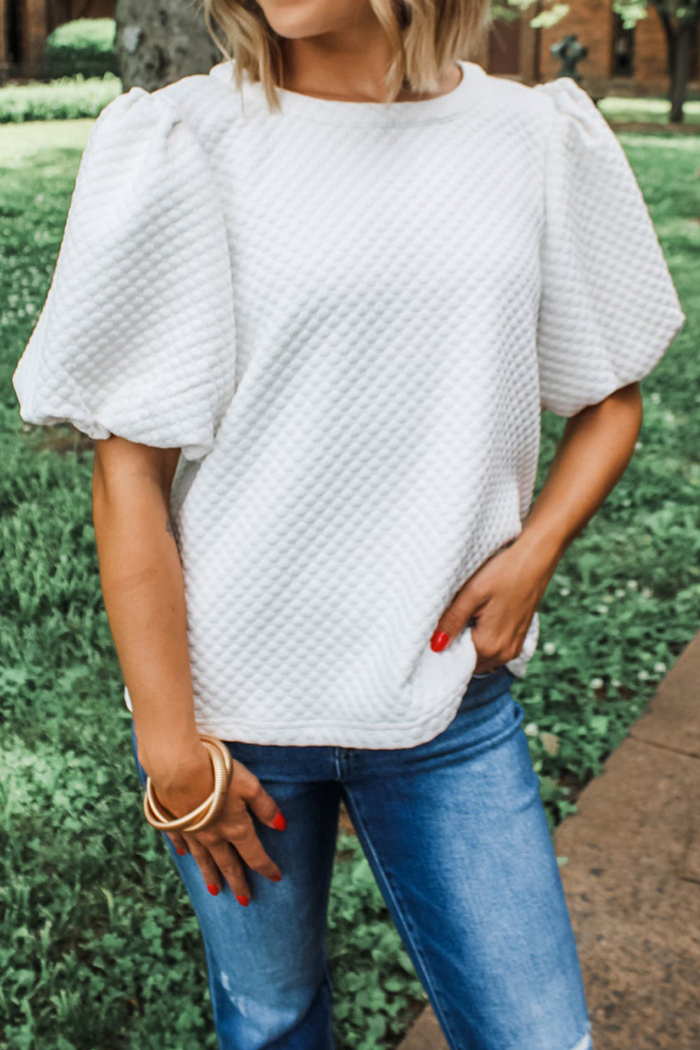 White Solid Textured O Neck Puff Sleeve Blouse White 97%Polyester+3%Elastane Blouses & Shirts JT's Designer Fashion