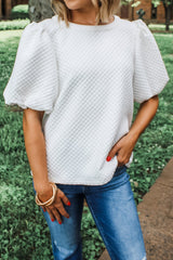 White Solid Textured O Neck Puff Sleeve Blouse White 97%Polyester+3%Elastane Blouses & Shirts JT's Designer Fashion