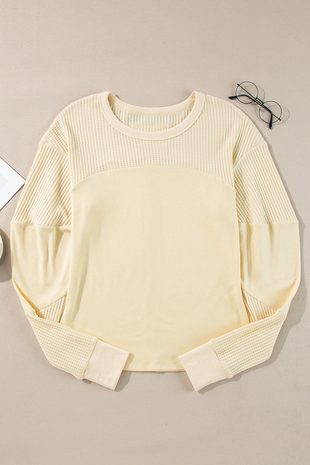 Beige Thermal Knit Patchwork Exposed Seam Long Sleeve Top Long Sleeve Tops JT's Designer Fashion