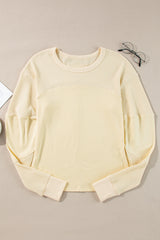 Beige Thermal Knit Patchwork Exposed Seam Long Sleeve Top Long Sleeve Tops JT's Designer Fashion